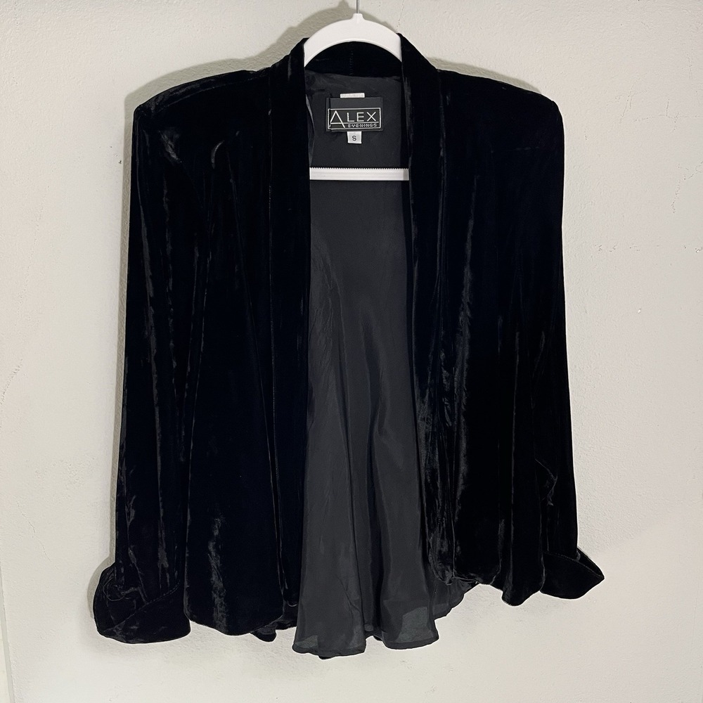 Alex Evenings Blazer Woman M Black Velvet Open Jacket Formal Holiday USA Vtg
